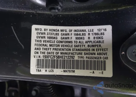 2017 Honda Civic Lx из США, поврежденный, VIN 19XFC2F58HE212292